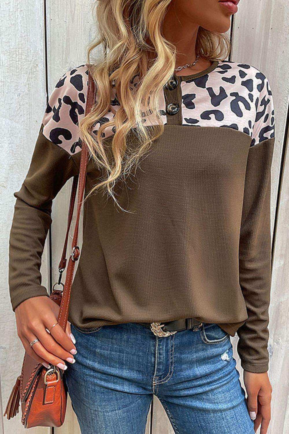 Leopard Buttoned Round Neck Drop Shoulder Top - Trendsi - Flyclothing LLC
