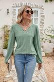 Eyelet Notched Neck Balloon Sleeve Blouse - Trendsi - Flyclothing LLC