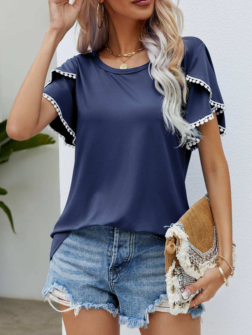 Pom-Pom Trim Flutter Sleeve Round Neck Tee - Trendsi - Flyclothing LLC