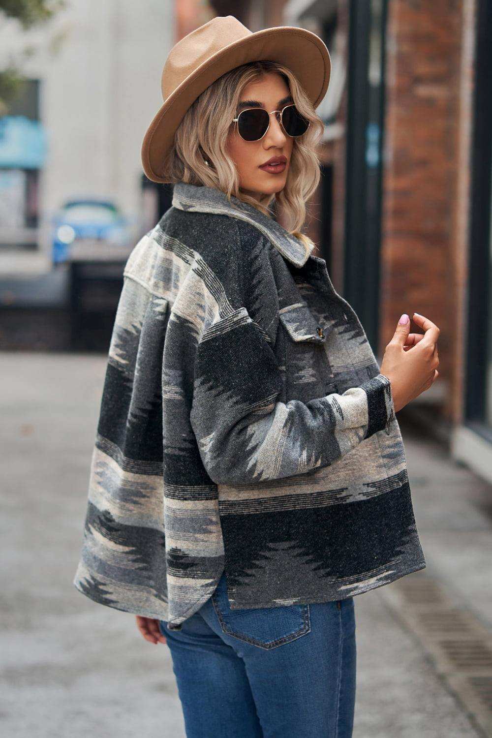 Printed Collared Neck Jacket - Trendsi - Flyclothing LLC