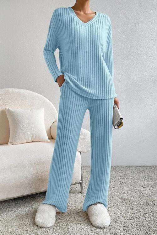 Ribbed V-Neck Top and Pants Set - Trendsi - Flyclothing LLC