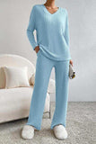 Ribbed V-Neck Top and Pants Set - Trendsi - Flyclothing LLC