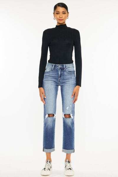 Kancan High Waist Distressed Hem Detail Cropped Straight Jeans - Trendsi - Flyclothing LLC
