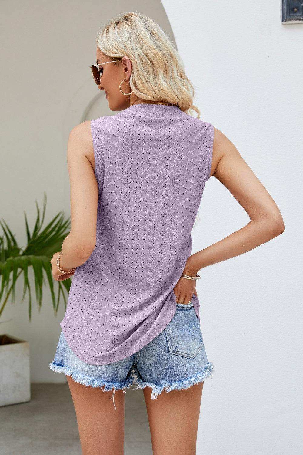 Notched Neck Curved Hem Eyelet Tank - Trendsi - Flyclothing LLC