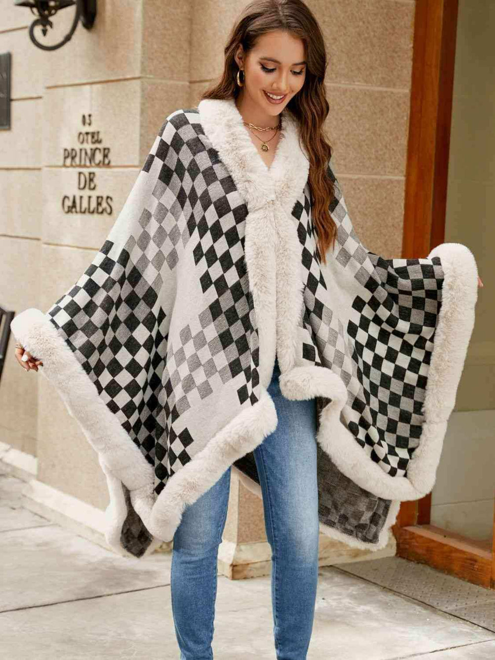 Checkered Faux Fur Trim Poncho - Trendsi - Flyclothing LLC