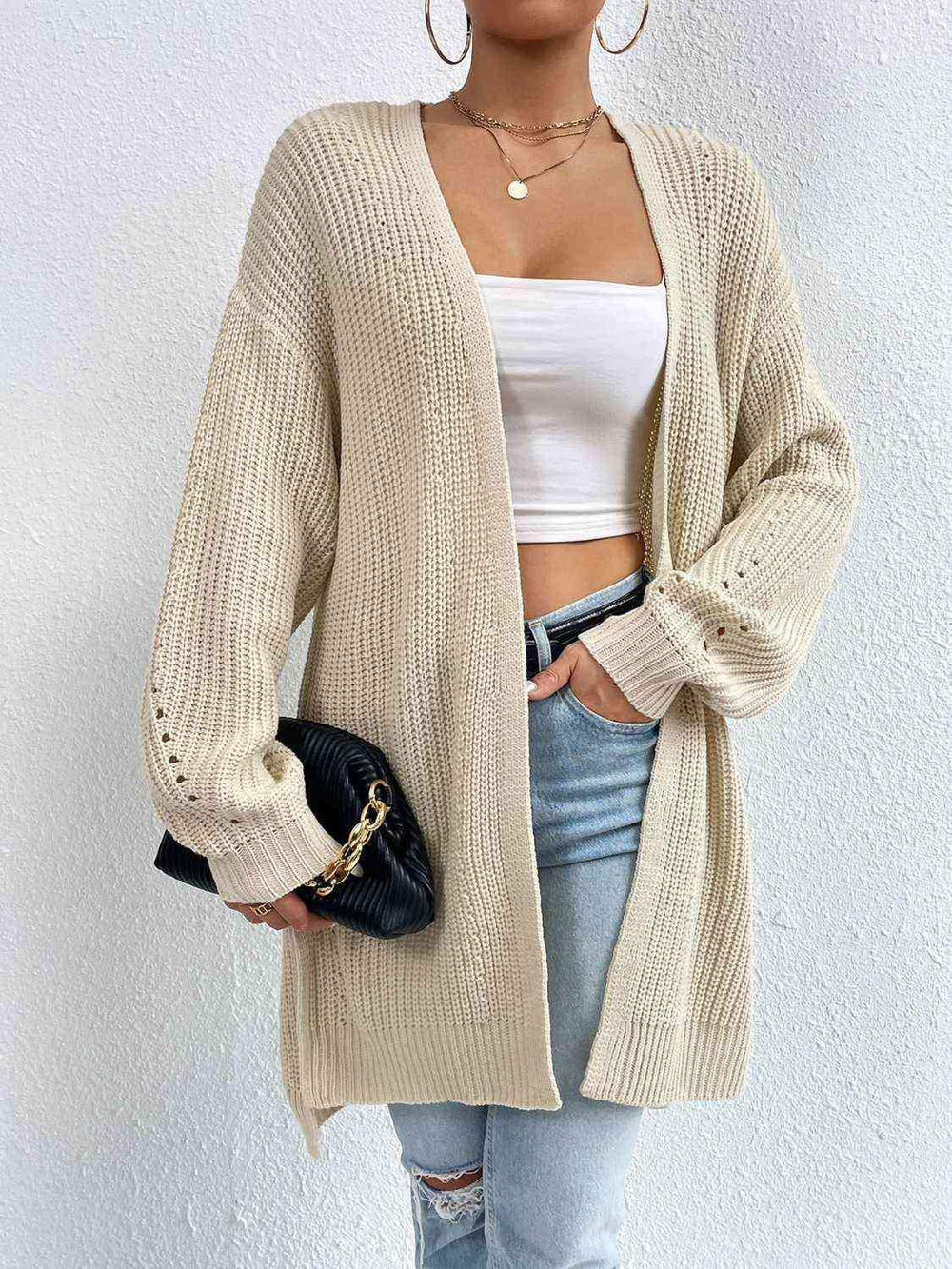 Open Front Dropped Shoulder Slit Cardigan - Trendsi - Flyclothing LLC