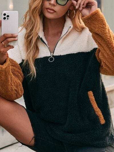 Color Block Quarter Zip Dropped Shoulder Sweatshirt - Trendsi - Flyclothing LLC