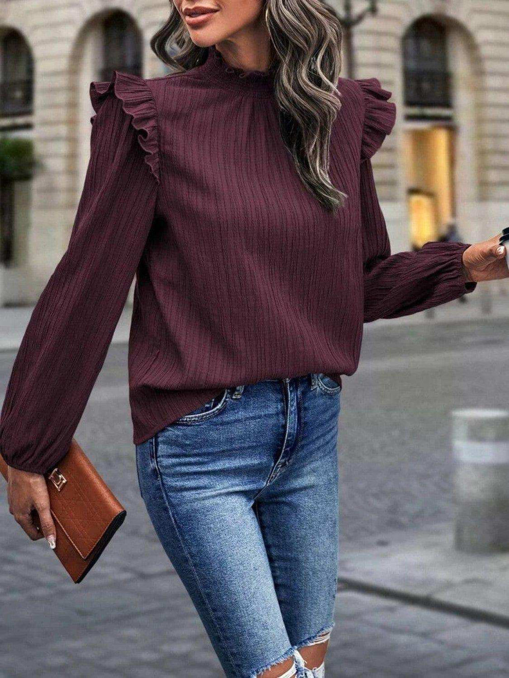 Mock Neck Ruffle Shoulder Blouse - Trendsi - Flyclothing LLC