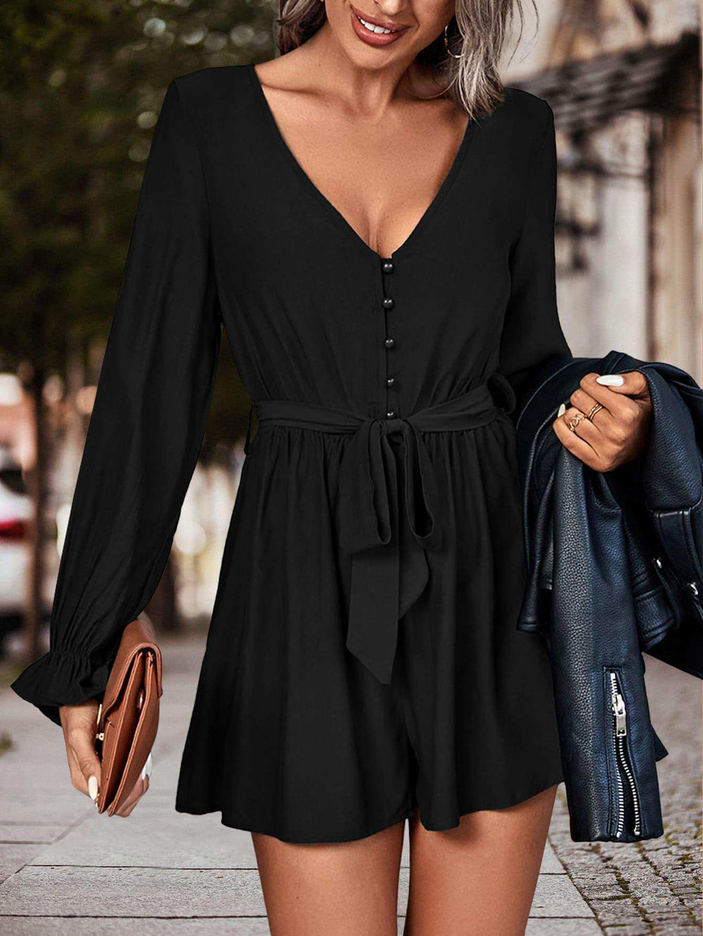 Long Flounce Sleeve V-Neck Romper - Trendsi - Flyclothing LLC