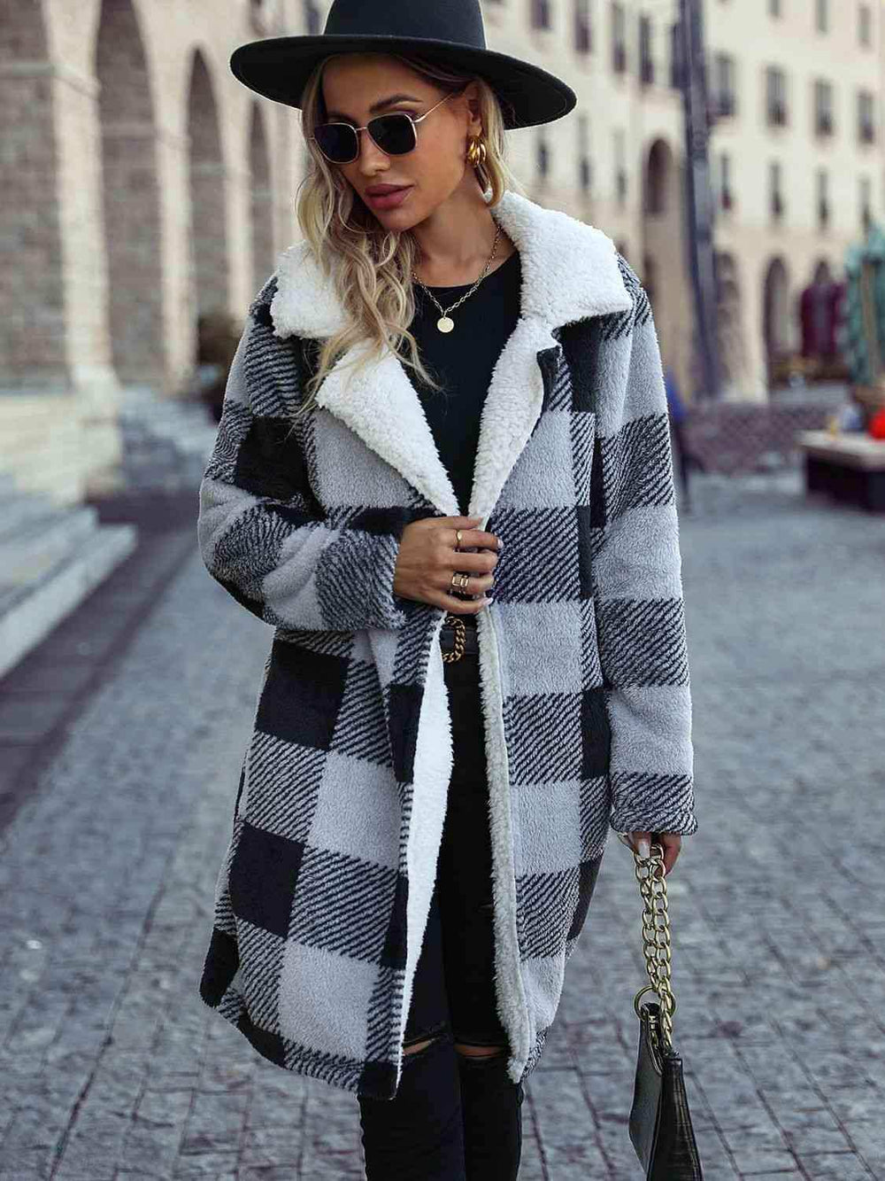 Plaid Open Front Coat with Pockets - Trendsi - Flyclothing LLC