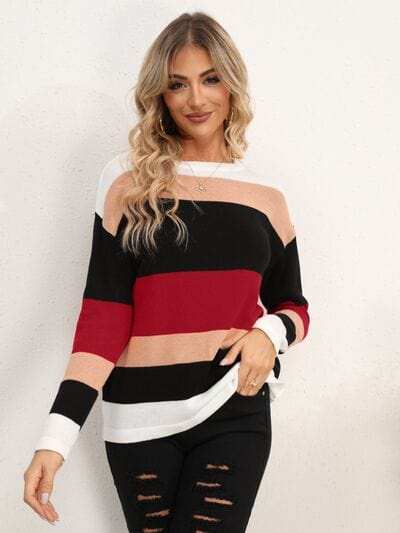 Striped Round Neck Dropped Shoulder Sweater - Trendsi - Flyclothing LLC
