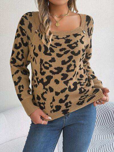 Leopard Buttoned Square Neck Sweater - Trendsi - Flyclothing LLC