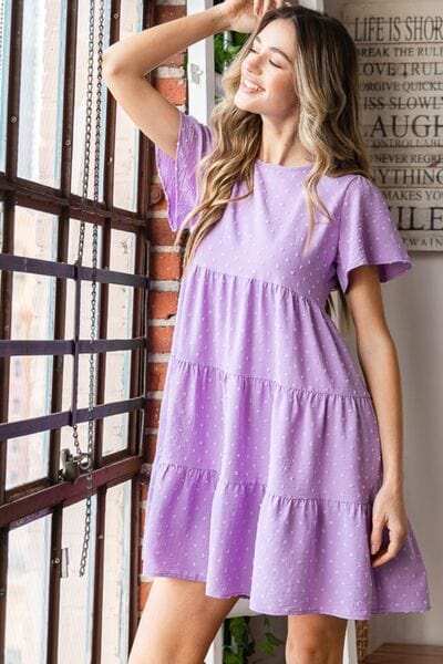 Heimish Full Size Swiss Dot Short Sleeve Tiered Dress - Trendsi - Flyclothing LLC