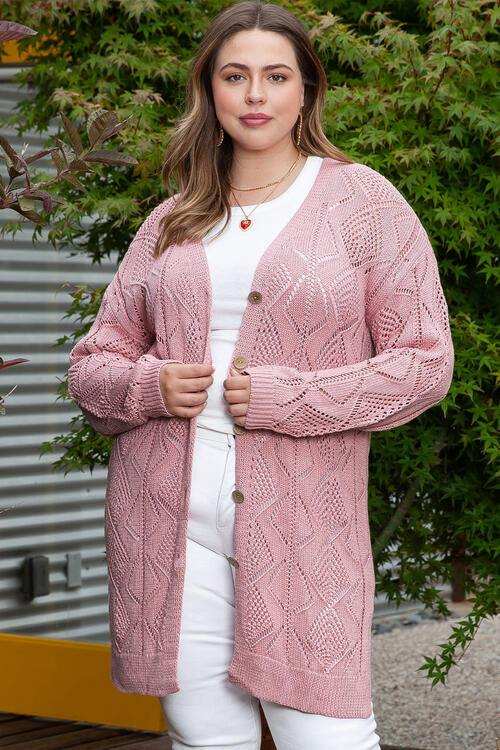 Plus Size Openwork V-Neck Long Sleeve Buttoned Cardigan - Trendsi - Flyclothing LLC