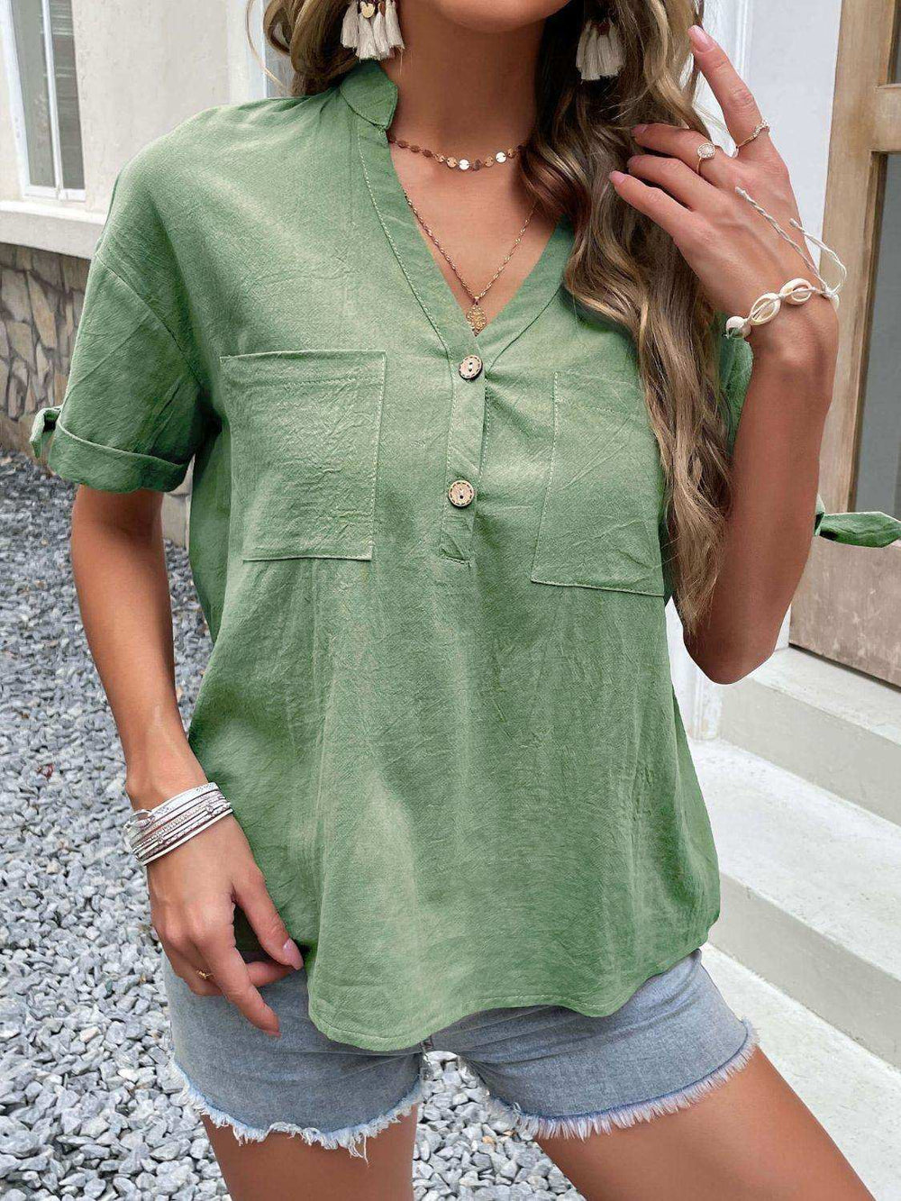 Buttoned Notched Neck Cuffed Sleeve Blouse - Trendsi - Flyclothing LLC