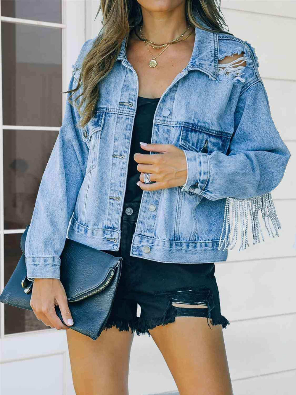 Distressed Fringe Denim Jacket - Trendsi - Flyclothing LLC