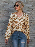 Leopard V-Neck Decorative Button Long Sleeve Blouse - Trendsi - Flyclothing LLC