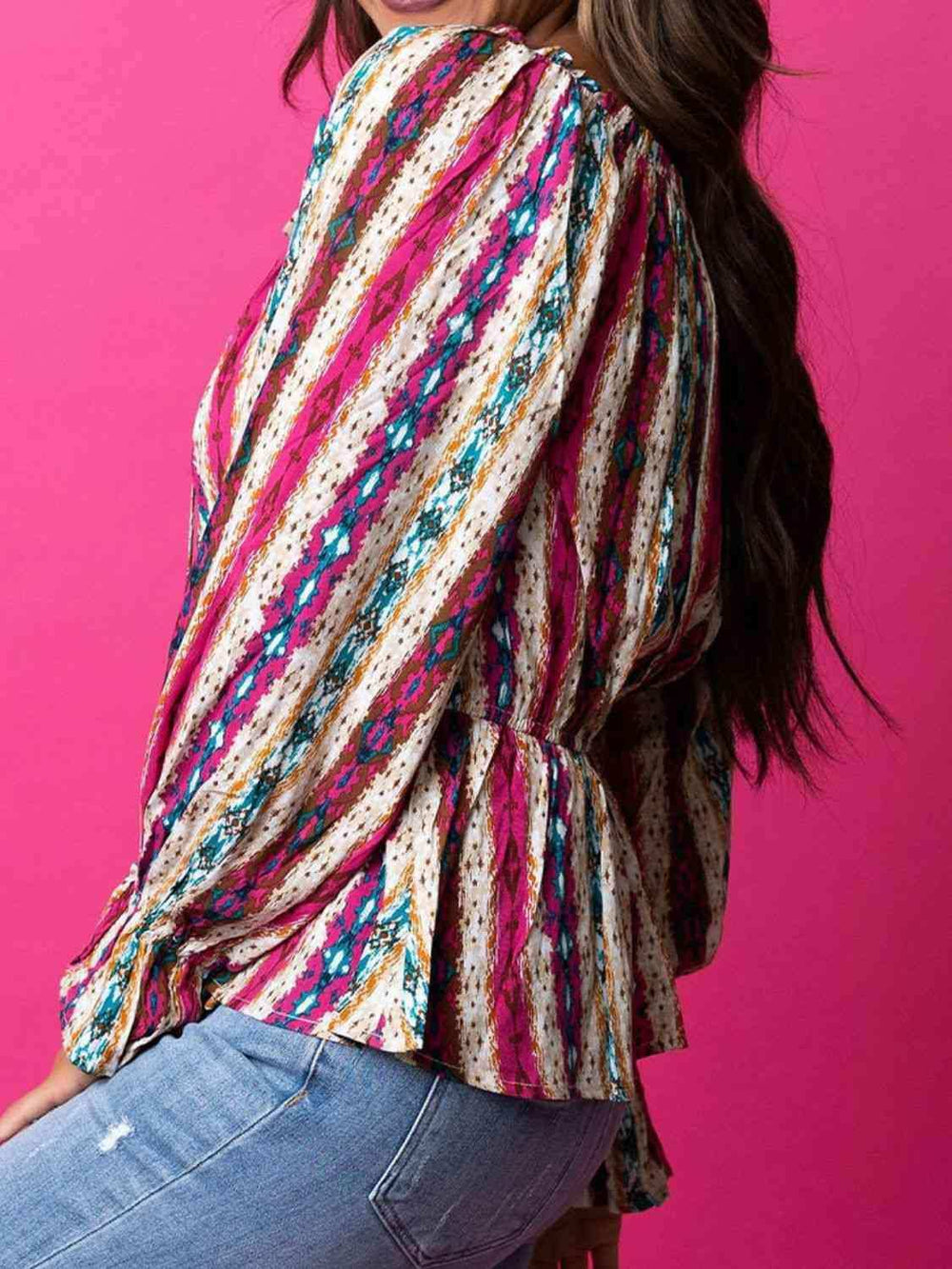 Striped Tie Neck Flounce Sleeve Babydoll Top - Trendsi - Flyclothing LLC