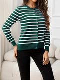 Striped Round Neck Long Sleeve Buttoned Knit Top - Trendsi - Flyclothing LLC