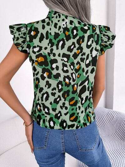 Leopard Tie Neck Cap Sleeve Blouse - Trendsi - Flyclothing LLC