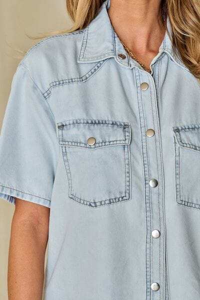 Slit Snap Down Short Sleeve Denim Top - Trendsi - Flyclothing LLC