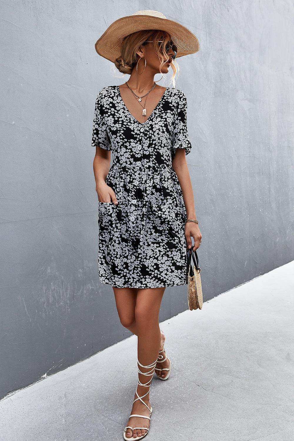 Printed Button down Pocketed Dress - Trendsi - Flyclothing LLC