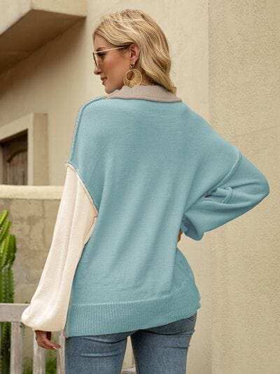 Color Block Dropped Shoulder Sweater - Trendsi - Flyclothing LLC