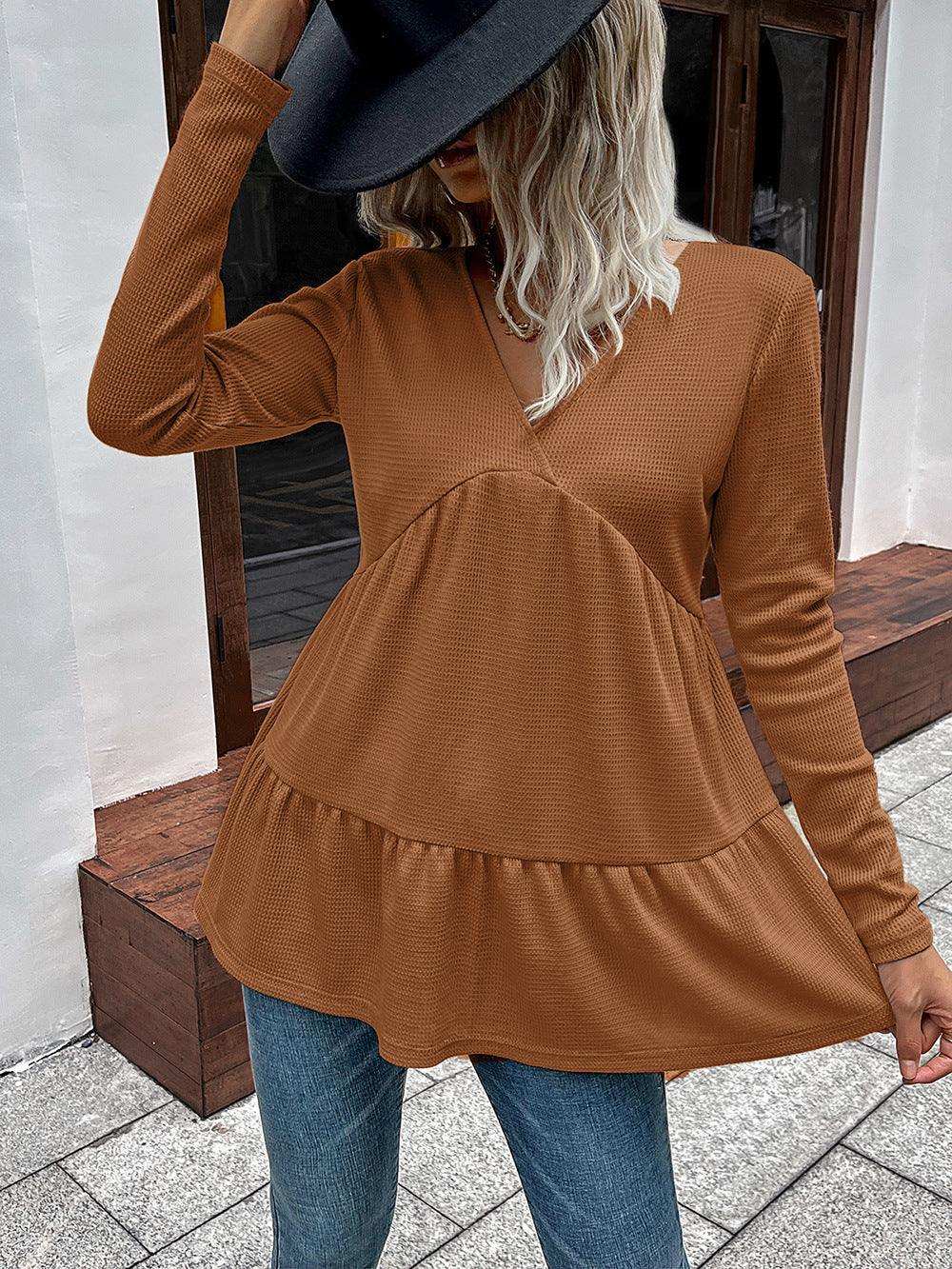 Waffle-knit V-Neck Long Sleeve Blouse - Trendsi - Flyclothing LLC