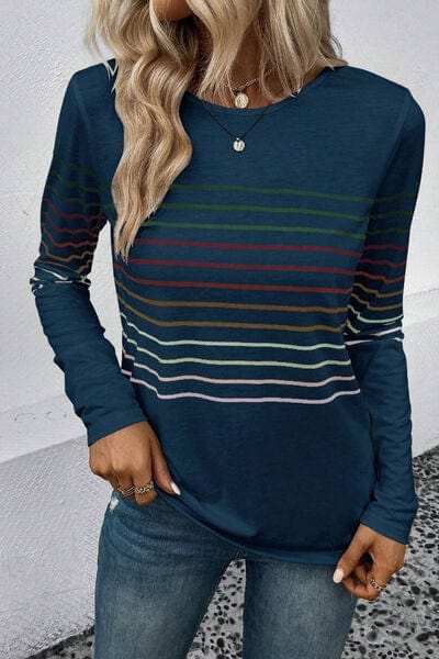 Striped Round Neck Long Sleeve T-Shirt - Trendsi - Flyclothing LLC