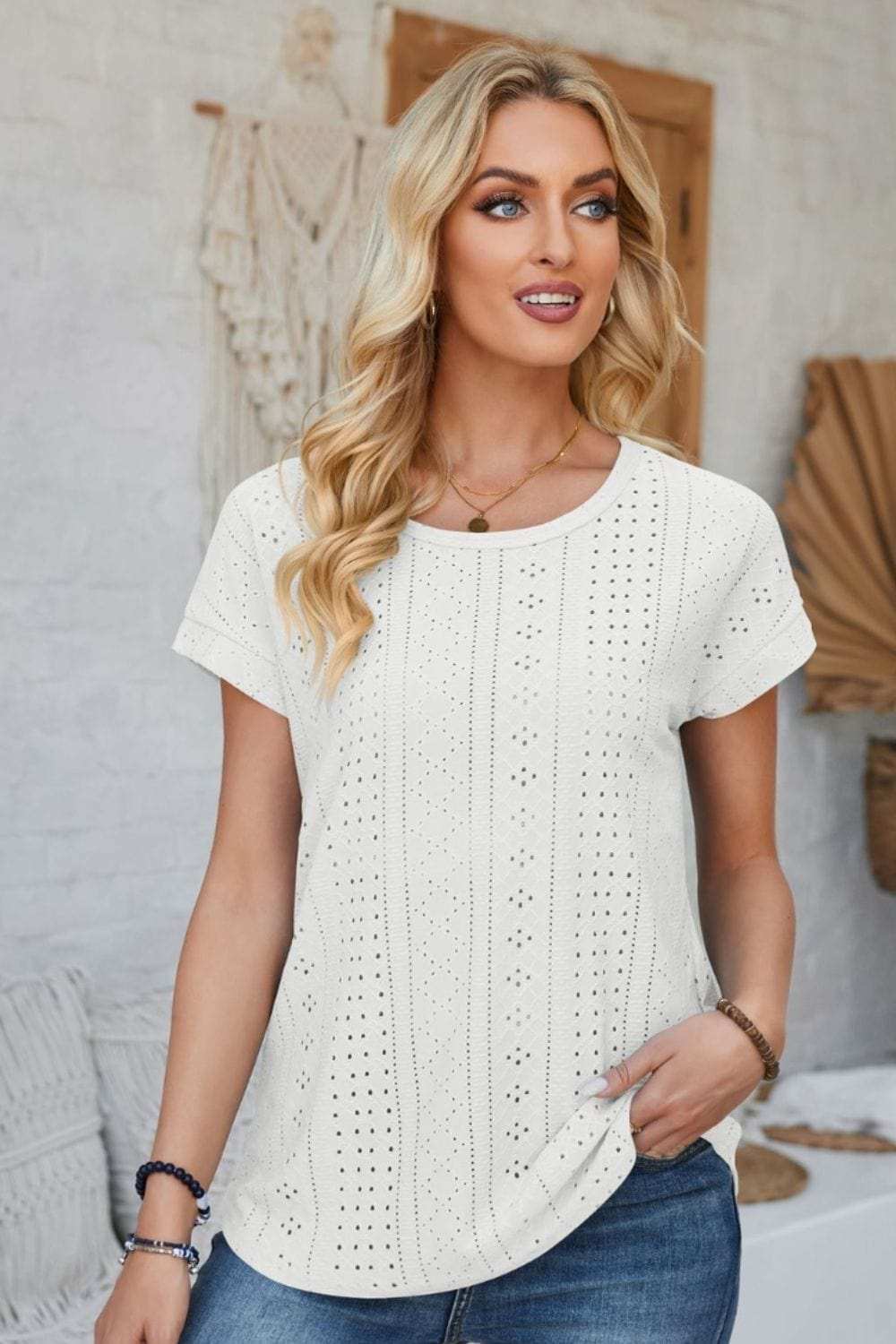 Eyelet Round Neck Rolled Short Sleeve T-Shirt - Trendsi - Flyclothing LLC