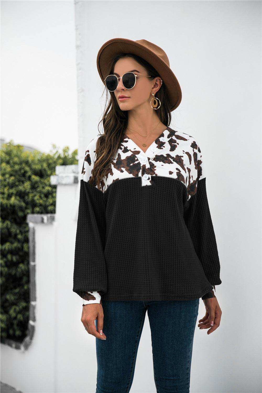 Animal Print Color Block Waffle-Knit Top - Trendsi - Flyclothing LLC