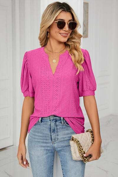 Eyelet Notched Short Sleeve T-Shirt - Trendsi - Flyclothing LLC