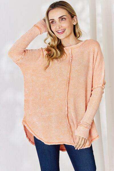 Zenana Oversized Washed Waffle Long Sleeve Top - Trendsi - Flyclothing LLC