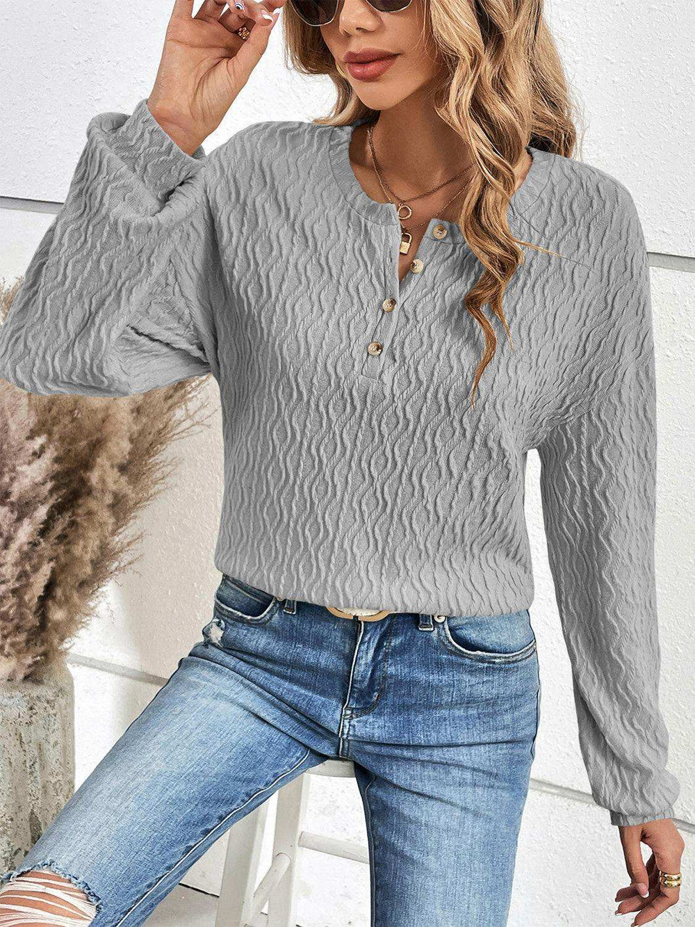 Half Button Long Sleeve Top - Trendsi - Flyclothing LLC