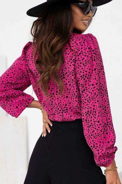 Leopard Round Neck Balloon Sleeve Blouse - Trendsi - Flyclothing LLC