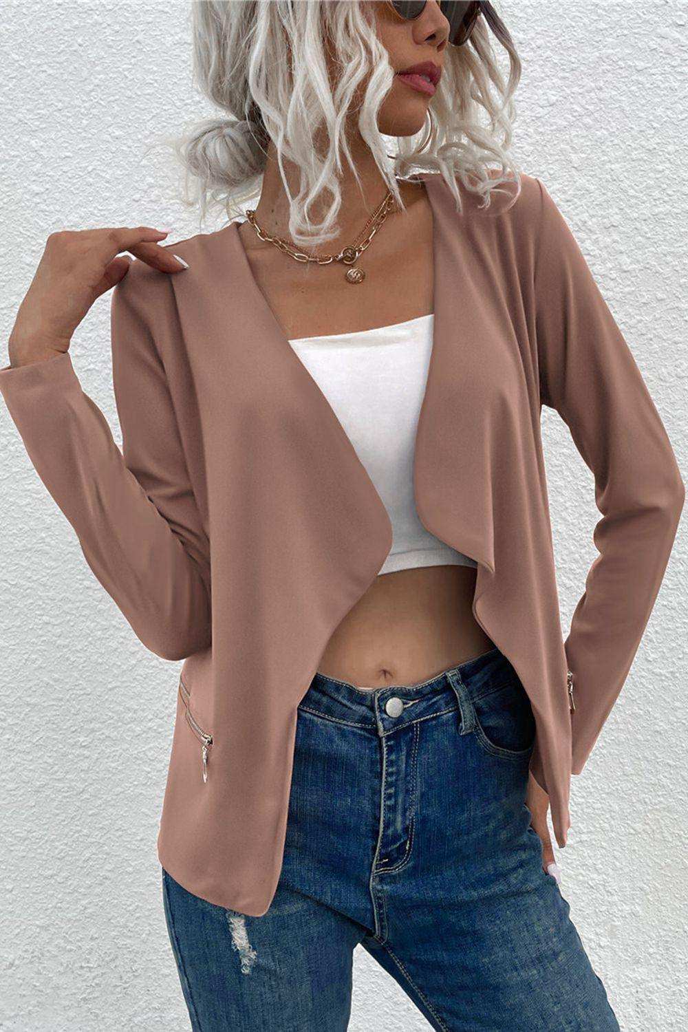 Open Front Zipper Pocket Cardigan - Trendsi - Flyclothing LLC