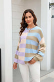 Round Neck Long Sleeve Color Block Dropped Shoulder Pullover Sweater - Trendsi - Flyclothing LLC