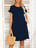 Round Neck Flounce Sleeve Dress with Pockets - Trendsi - Flyclothing LLC