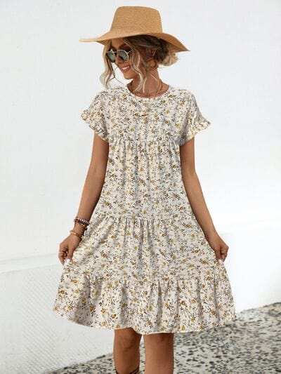 Frill Floral Round Neck Short Sleeve Tiered Dress - Trendsi - Flyclothing LLC