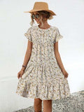 Frill Floral Round Neck Short Sleeve Tiered Dress - Trendsi - Flyclothing LLC