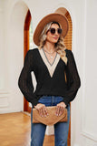 Contrast V-Neck Long Sleeve Blouse - Trendsi - Flyclothing LLC