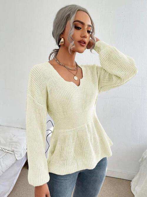 Notched Dropped Shoulder Knit Top - Trendsi - Flyclothing LLC