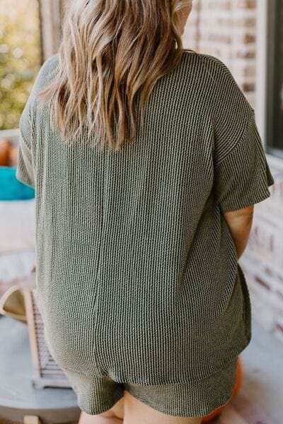 Plus Size Round Neck Top and Pocketed Shorts Set - Trendsi - Flyclothing LLC