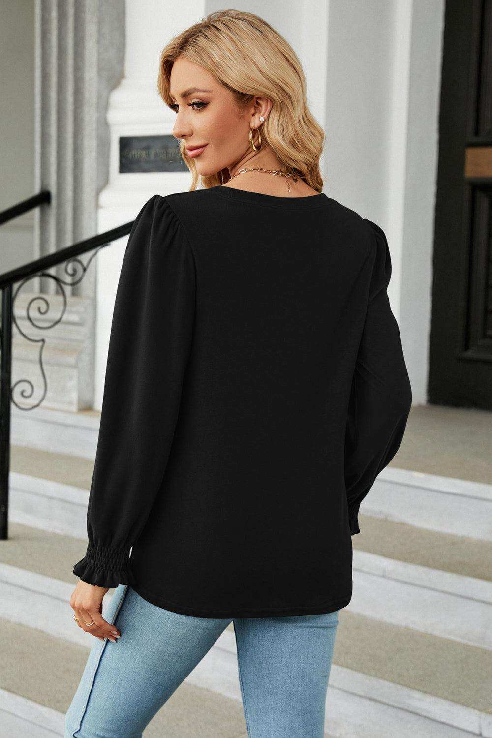 Round Neck Smocked Flounce Sleeve Blouse - Trendsi - Flyclothing LLC