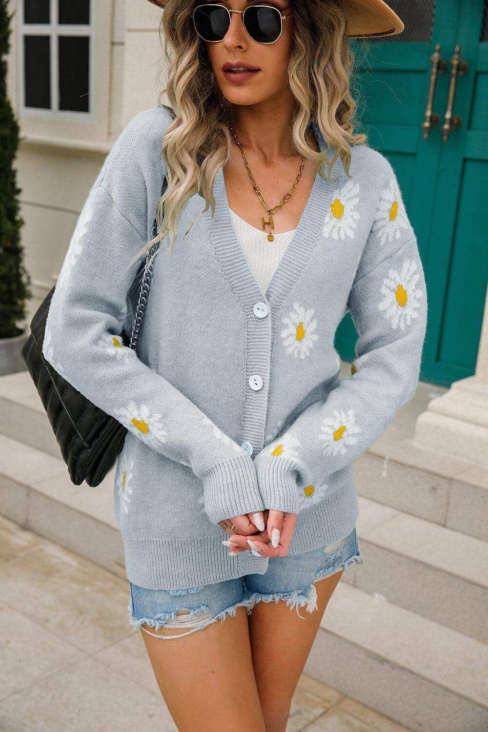 Daisy Pattern Button Front Cardigan - Trendsi - Flyclothing LLC