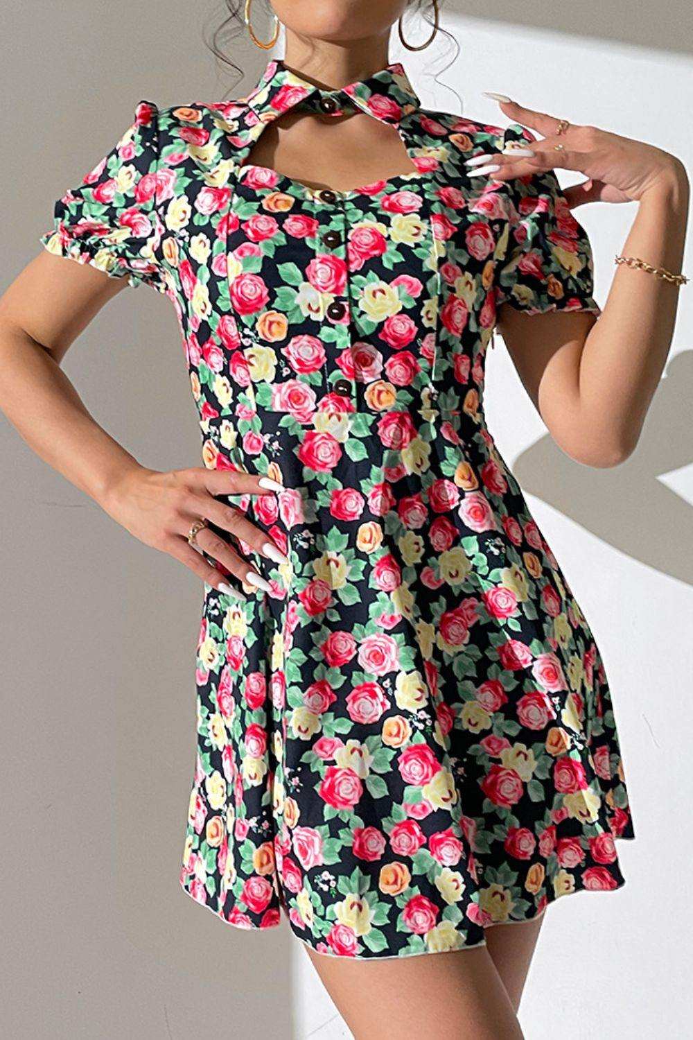 Floral Buttoned Cutout Puff Sleeve Dress - Trendsi - Flyclothing LLC