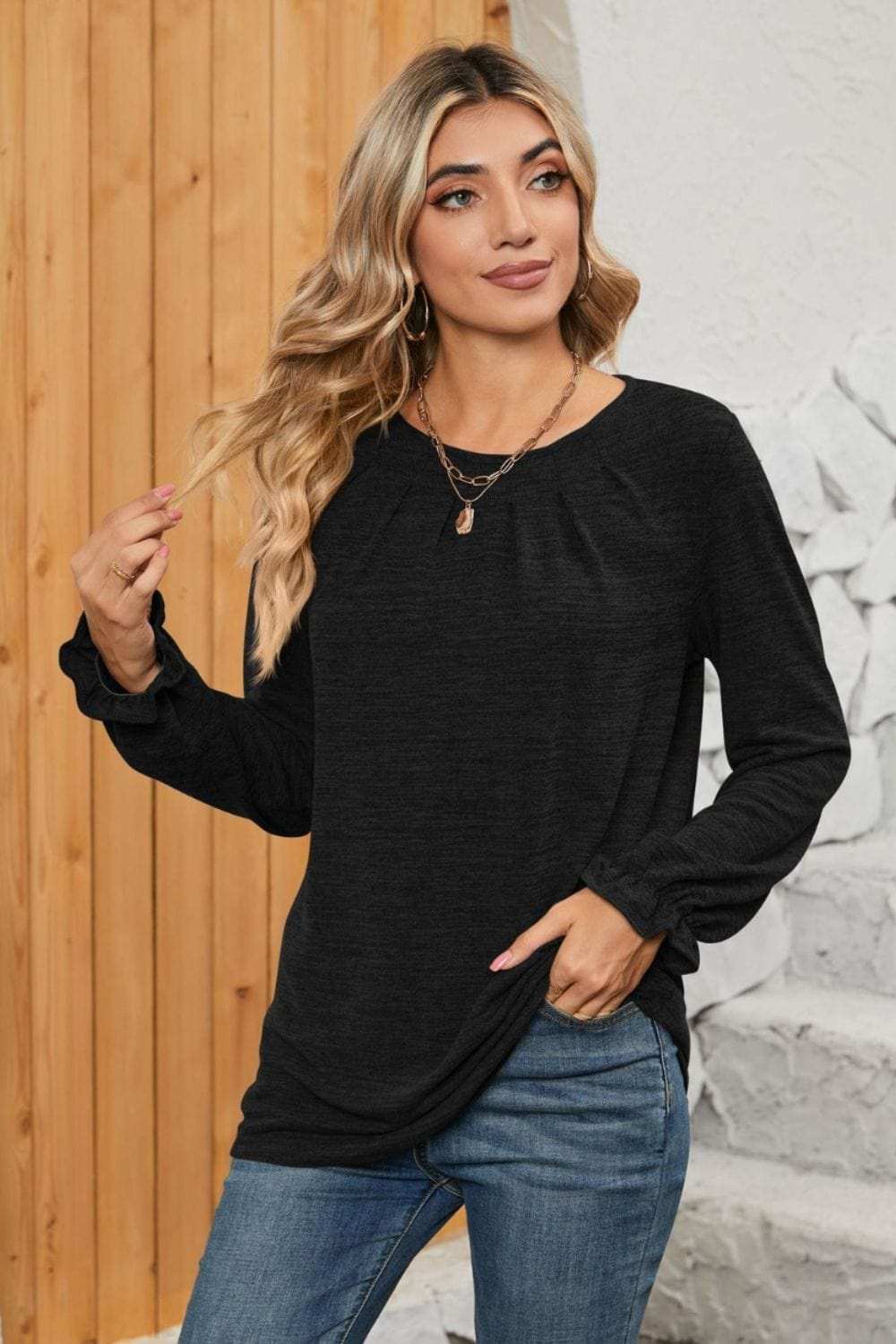 Ruched Round Neck Flounce Sleeve T-Shirt - Trendsi - Flyclothing LLC