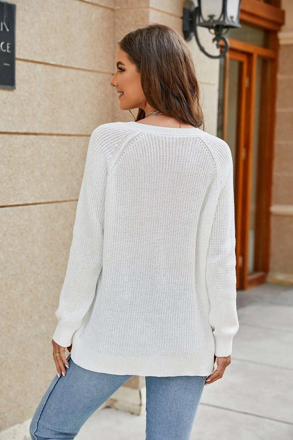Raglan Sleeve Ribbed Trim Plunge Knit Top - Trendsi - Flyclothing LLC