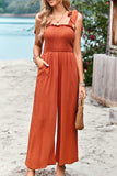 Frill Trim Tie Shoulder Wide Leg Jumpsuit with Pockets - Trendsi - Flyclothing LLC