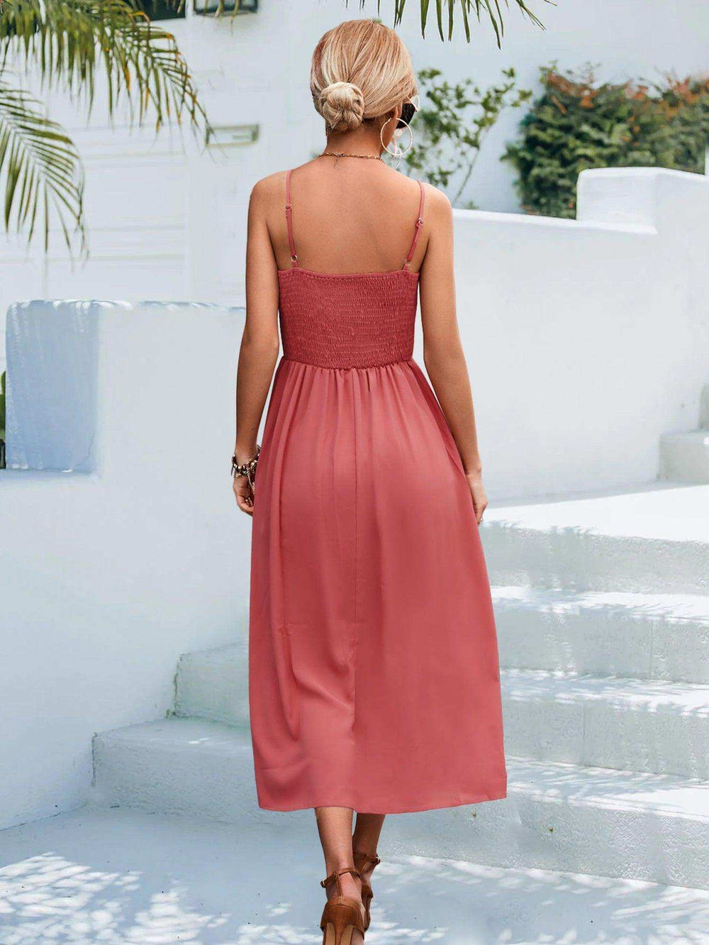 Decorative Button Spaghetti Strap Midi Dress - Trendsi - Flyclothing LLC